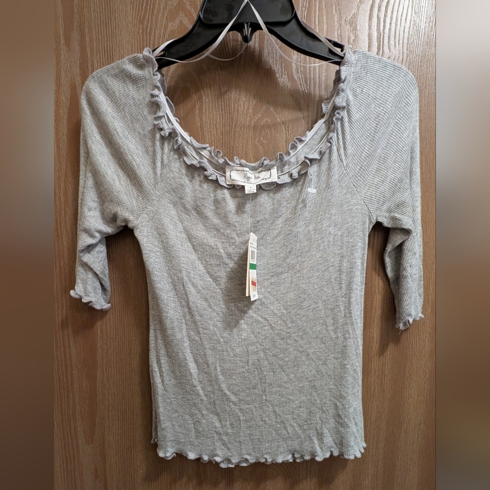 Hippie Rose Gray Ruffled Off Shoulder Blouse 1/4 Sleeve Ribbed Lightweight NWT